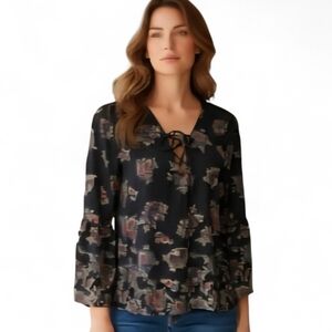 Abercrombie & Fitch Sheer Black Floral Boho Tie-Neck Peasant Blouse XS